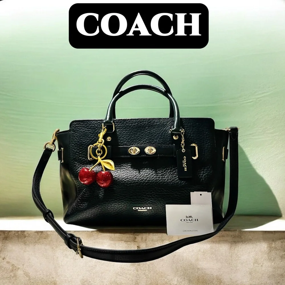 COACH soho Black Leather Carryall crossbody bag Satchel with Red Cherry Charm - Picture 7 of 17